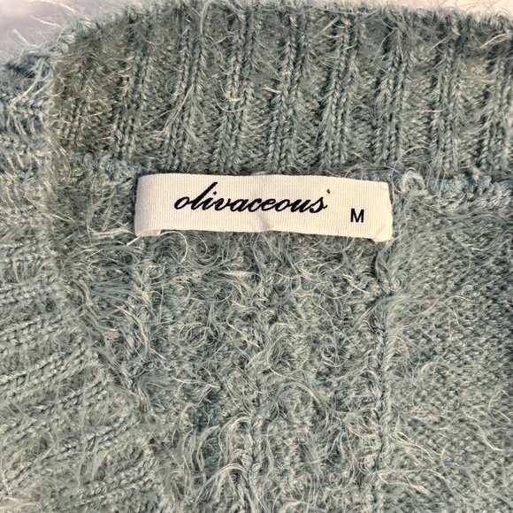 Oliveacous Fuzzy Knit Cropped Sweater Balloon Sleeves Light Sage Green Size M - Picture 3 of 6